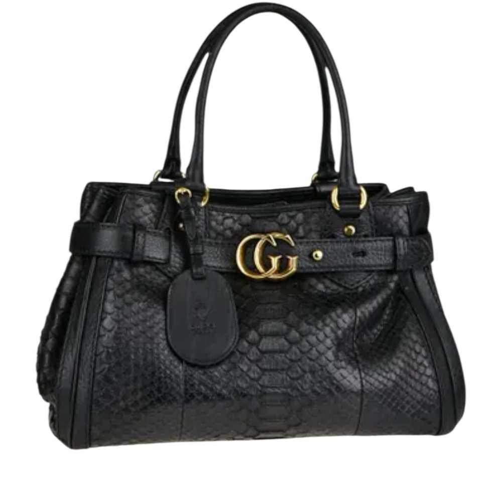 Gucci Black Python Leather Satchel with Gold Details